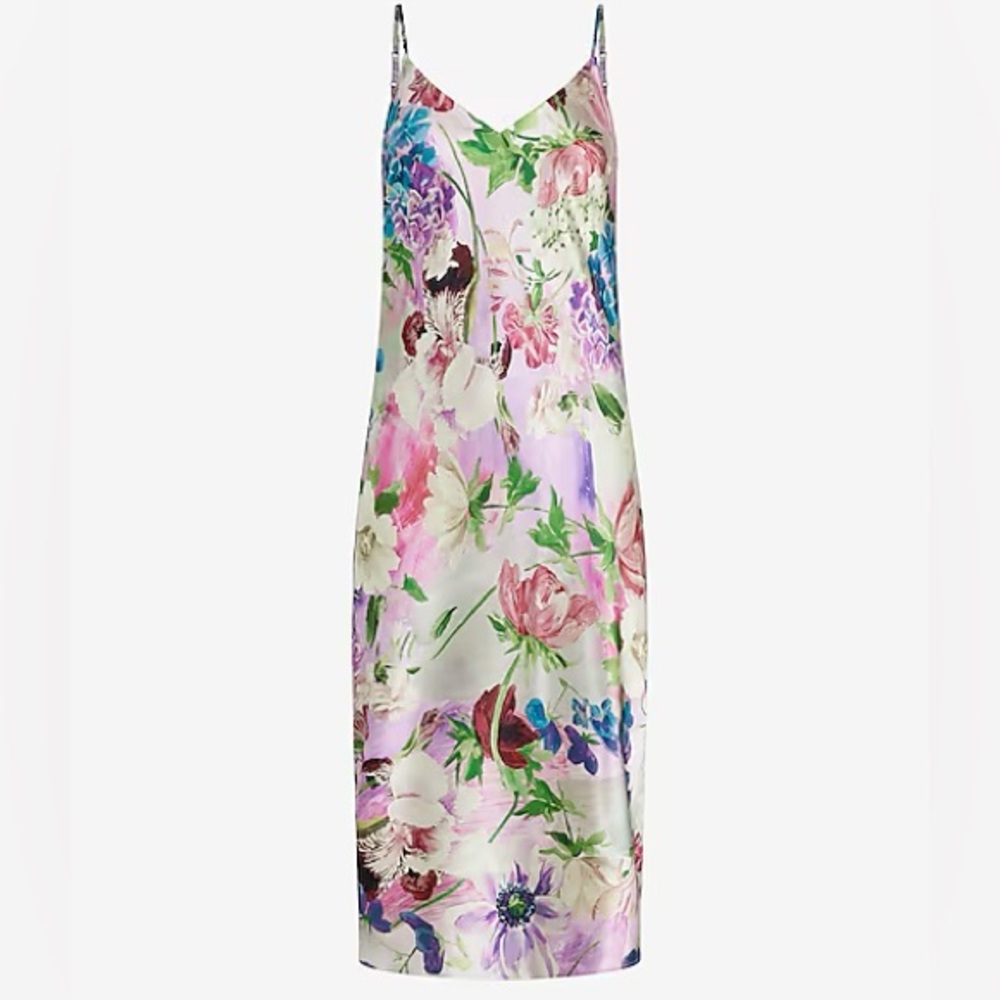 Express Floral Satin V-neck Midi Downtown Cami Slip Dress - S